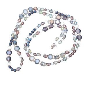Long Faceted Glass Bead Necklace Blue Purple Iridescent Rhinestone 46 Inch
